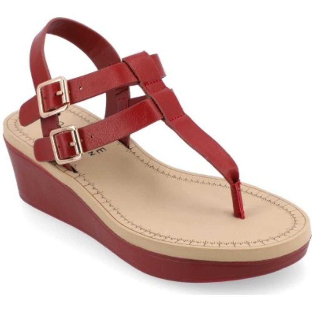 Journey Collection‎ Bianca Red T-Strap Wedge Sandals Double Buckle Size 6.5 NEW